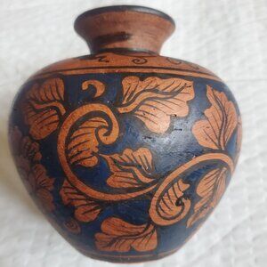 Vtg Mid Century Chinese Pottery Hand-painted Earthenware Vase Terracotta & Black